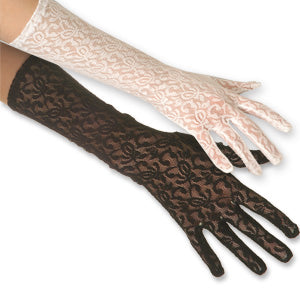 Elbow-length lace gloves — stretch lace, 15 inches from fingertip, black, red, or white