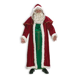Victorian Santa suit — green satin tunic, velvet cape with gold trim and fur border, one size