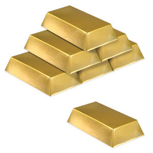 Plastic gold bars stage prop — hollow gold plastic, 7"×4"×1.5", set of 6