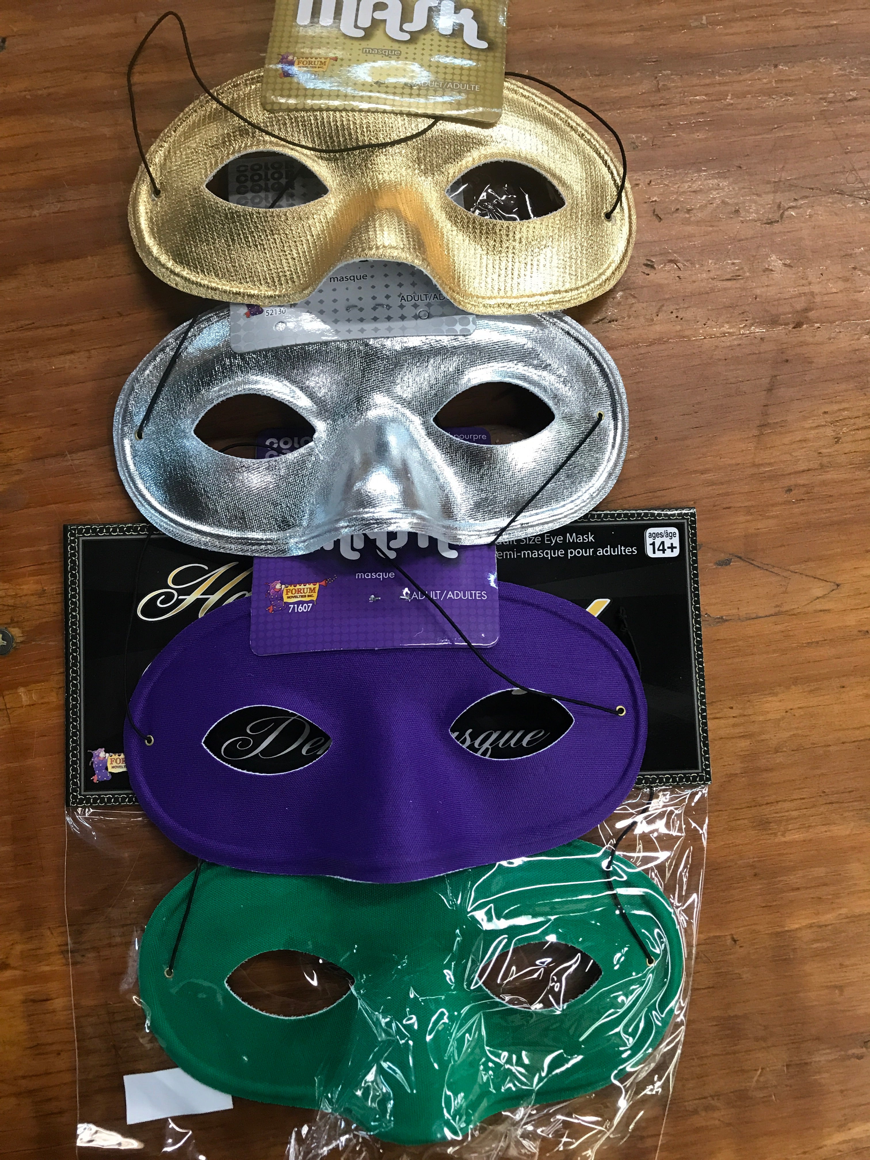 Domino half mask — satin finish with elastic fastener, multiple color variants shown