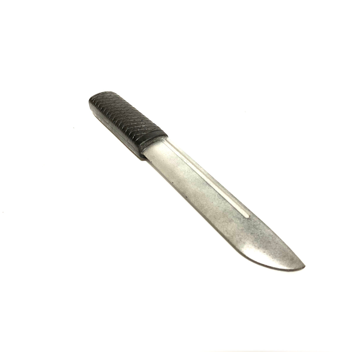 Rubber knife prop held in hand — size reference showing 9.5" overall length