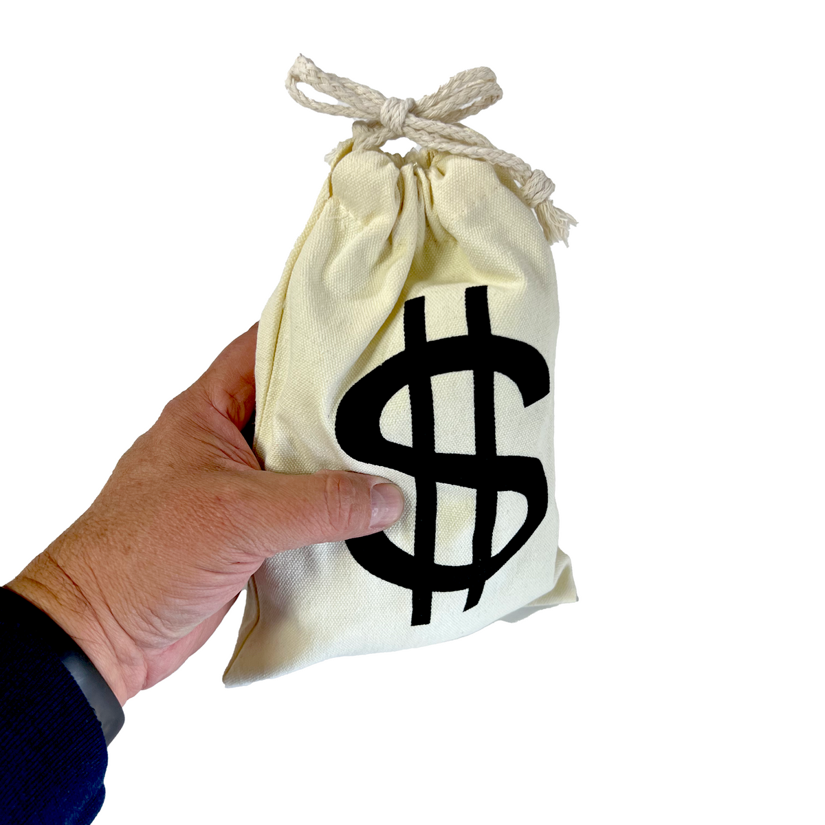 Money bag prop held open — showing interior and drawstring mechanism