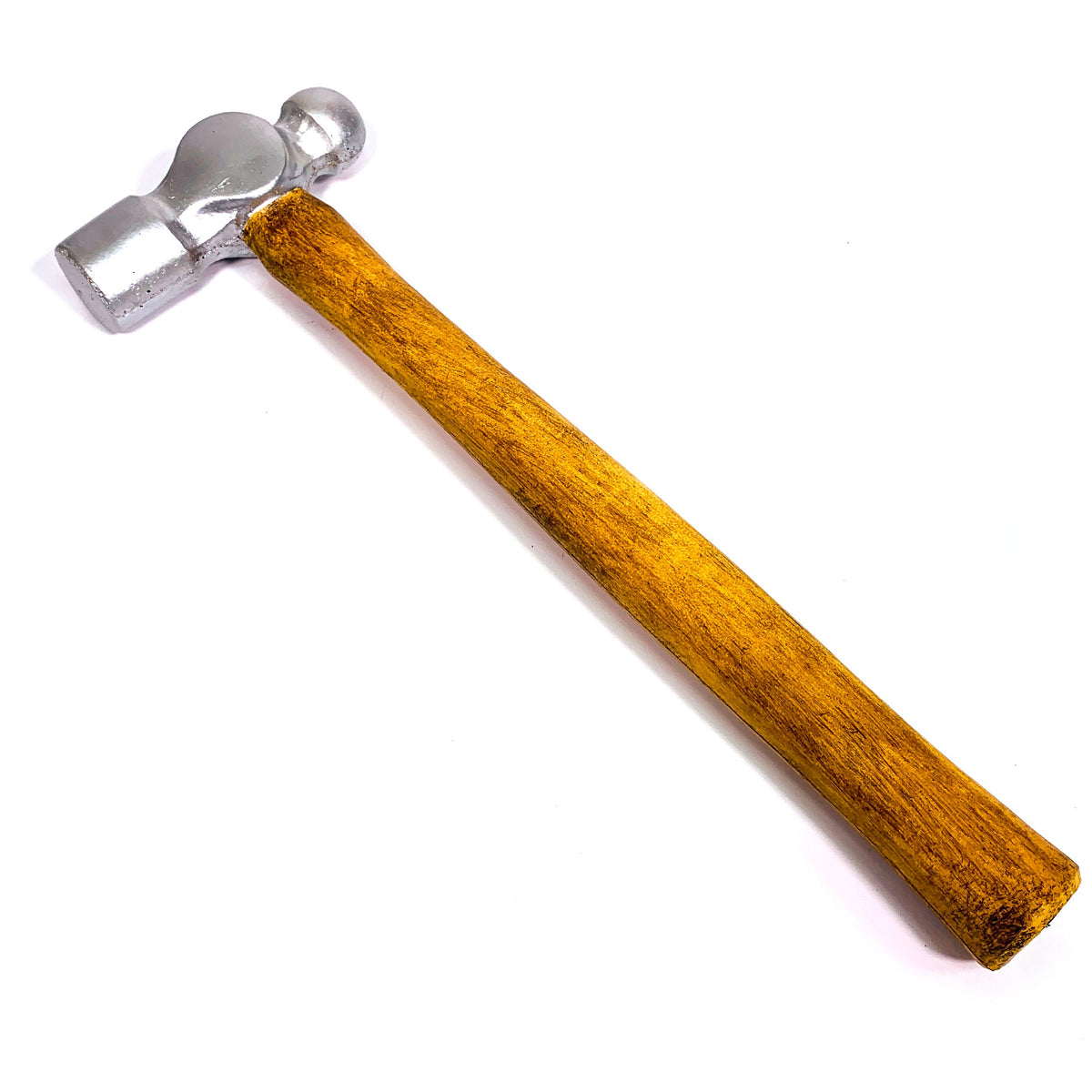 Foam rubber ball-peen hammer held in hand — size reference, 14" length