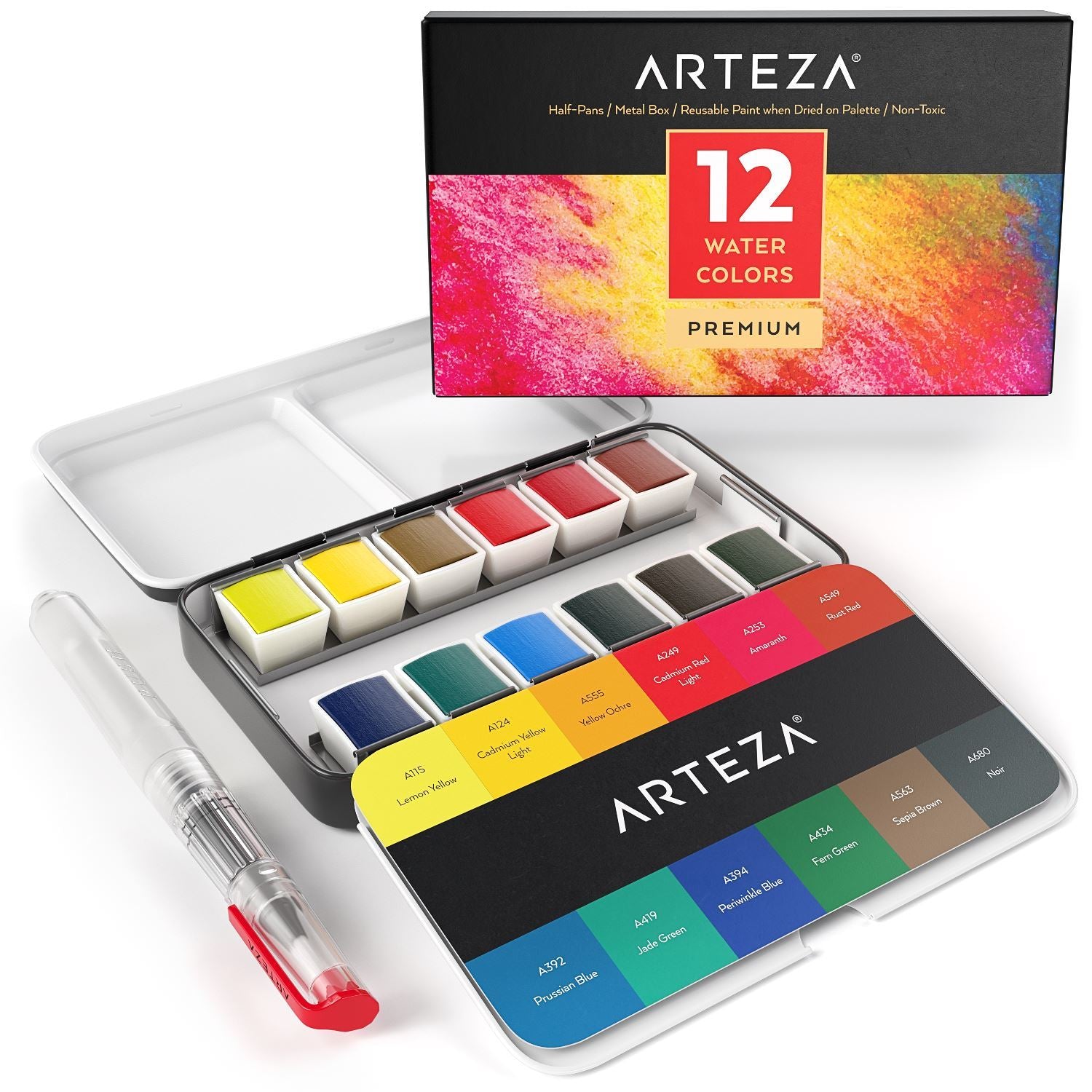 Arteza Watercolor Premium Artist Paint, Half Pans - Set of 12